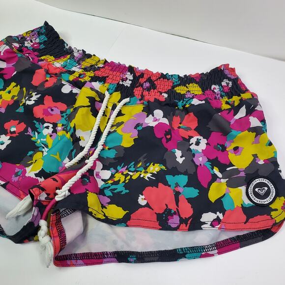Roxy Pants - Roxy Womens Mini Swim Shorts Medium Black Multicolor Floral Print Drawstring